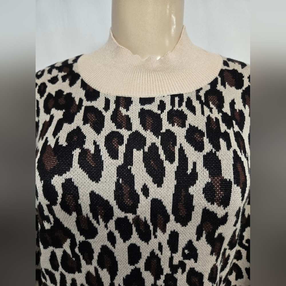 Just Taylor XL Dress Knit Pleated Shoulder Puff Mock Neck Leopard Print - Picture 5 of 10